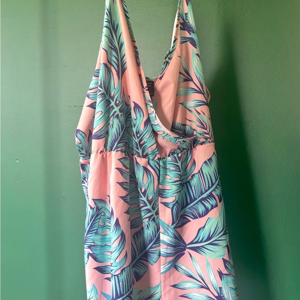 SHEIN Tropical Leaf Print Jumpsuit - Pink and Green